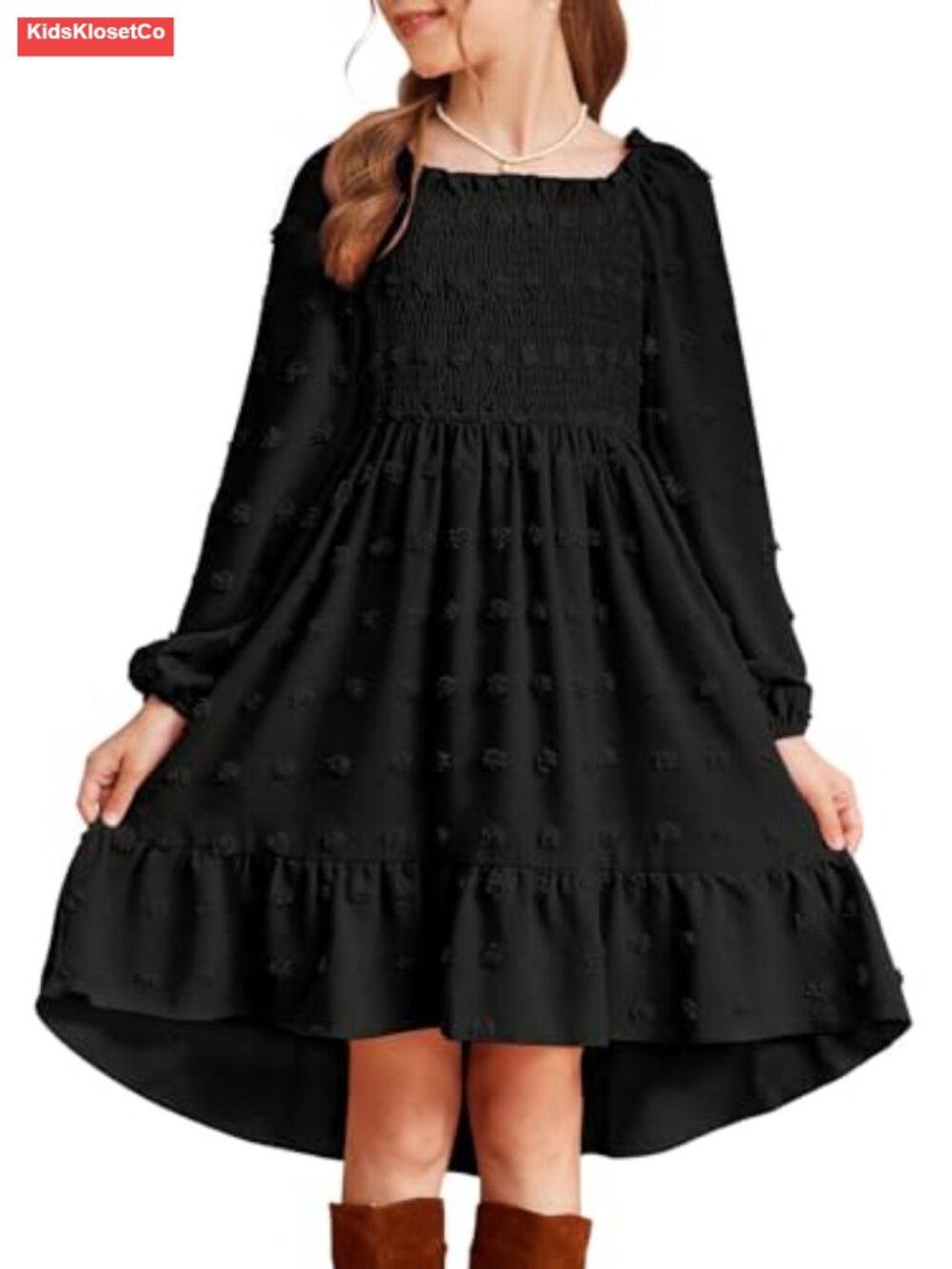 Girls Vintage Polka Dot Chiffon Dress Long Sleeve Ruffled Square Neck Tiered - Picture 1 of 6